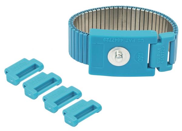 The image shows a light blue, flexible bracelet with a clasp. Next to the bracelet are four small blue hooks or clips. The design is simple and functional.