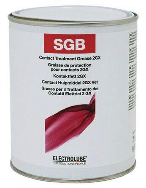 Das Bild zeigt eine runde Dose mit einem Metallverschluss. Die Vorderseite hat einen roten Bereich mit dem Aufdruck "SGB" und Informationen über Kontaktfett. Der Hintergrund ist weiß.
