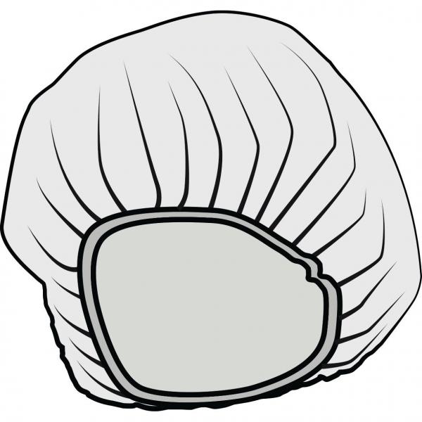 Das Bild zeigt eine Duschhaube. Sie ist rund, mit einem elastischen Rand. Der obere Teil ist faltig und leicht gebogen, die untere Kante ist glatter und klarer definiert.
