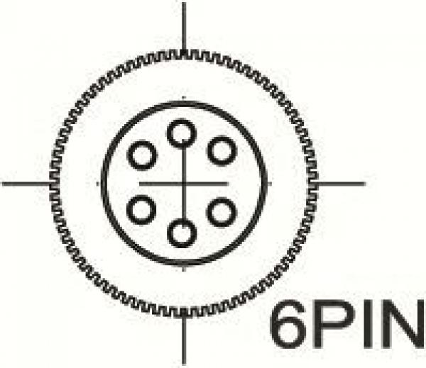 The image displays a circular representation with six points evenly distributed. A horizontal and vertical line intersect in the center. Below it reads "6PIN".