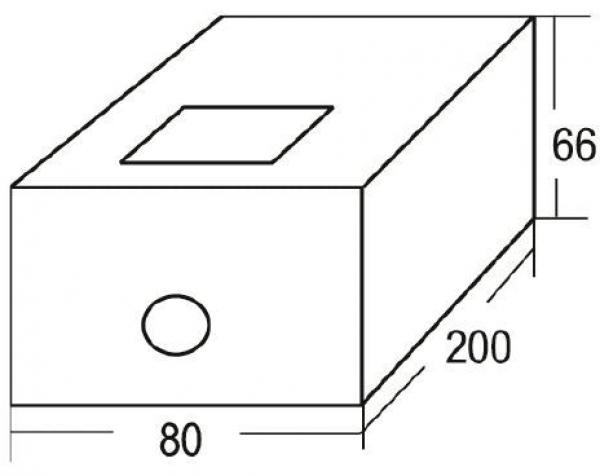 The image depicts a rectangular cuboid with dimensions 200 mm (length), 80 mm (width), and 66 mm (height). There is a circular cutout on one of the short sides. There is a rectangular window on the top.