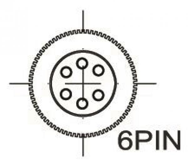 The image shows a round connector with six pins in the middle. Around the connector, there is a wavy edge. Below it, the label "6PIN" is displayed.