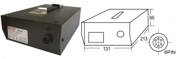 The image displays a black, cubic device with a handle on top. On one side, there is a socket and a 6-pin connector. Next to the device is a technical drawing that shows dimensions.