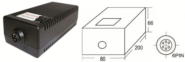 The image displays a black, rectangular device with a ribbed surface and a connector socket. To the right, there is a technical drawing showing dimensions and a 6-pin plug.
