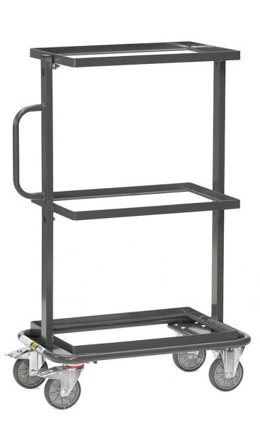 The image shows a black serving cart with three open shelves. It has a sturdy frame and four casters for easy movement. A handle is attached on the side.
