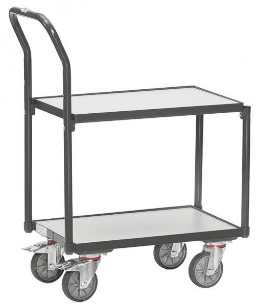 This is a two-tier serving cart with a metal frame and two shelves. The cart has four wheels and a long handle for pushing.