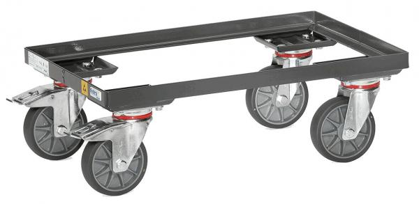 The image shows a sturdy metal transport dolly with four large, swivel wheels. The frame is rectangular and has practical attachments at the corners.