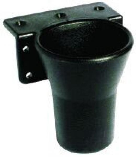 The image shows a black plastic cup holder. It features a funnel-shaped opening and is attached to a surface with three screws.