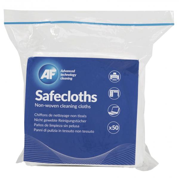The image shows a transparent package with a blue label. It reads "Safecloths" and information about non-woven cleaning cloths. It contains 50 wipes.