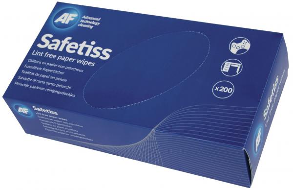 The image shows a blue box labeled "Safetiss". It contains 200 lint-free paper towels, ideal for delicate surfaces. The packaging features curved lines.