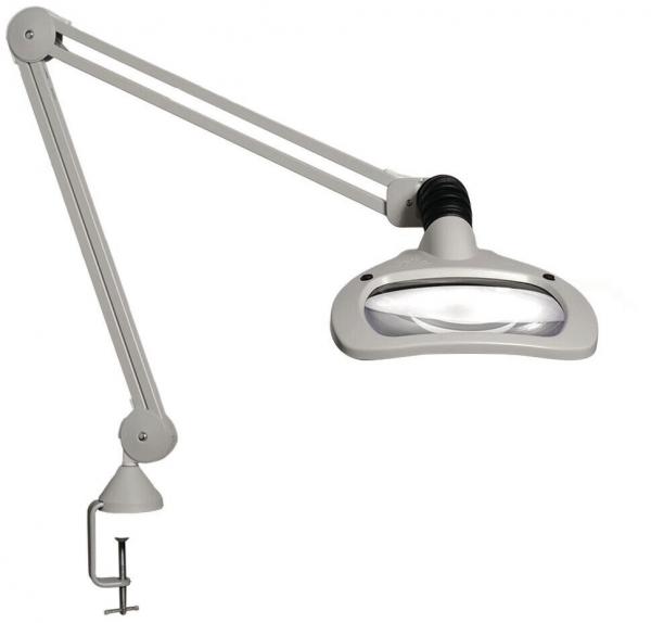 In the picture, there is a bright, adjustable magnifying glass with an integrated lamp. It has two movable arms and a clamp area to be attached to a table.