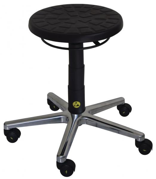 The stool has a round, black, rubberized seat with a textured pattern. It features a height-adjustable, black supportive column and a chrome-plated, five-spoke base with casters.