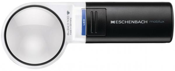 The image displays a large hand-held magnifying glass with a round, clear lens on the left side. The handle is black, and below it, there is a blue switch with an LED light.