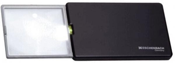 The image shows a black, flat reading magnifier with a transparent magnifying glass on one side. The magnifier is lightweight and portable, with an integrated light source.
