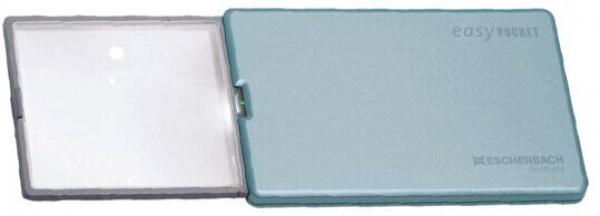 The image displays a compact, rectangular magnifier in a blue casing. The casing is closed and has the inscription "easyPOCKET" on the top. The magnifier is foldable and features a smooth, clear lens.