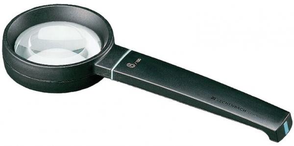 The image shows a magnifying glass with a large, round lens. The handle is black and slightly oval, with the magnifying glass positioned on the left side. It is used for enlarging text or details.
