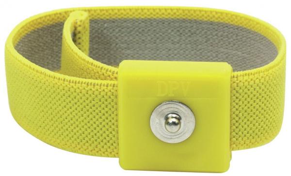 The image shows a yellow bracelet made of flexible material. It has a sturdy click fastener in the middle, which is used to securely fasten the bracelet.
