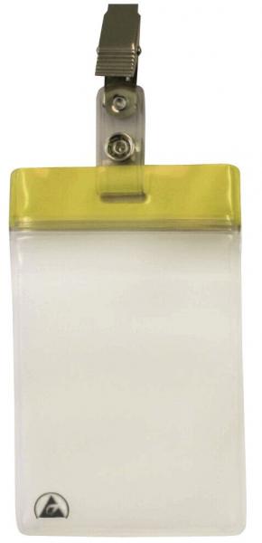 The image displays a transparent name tag with a yellow top border and a metal clip for attachment. It features a rectangular shape and a smooth surface.