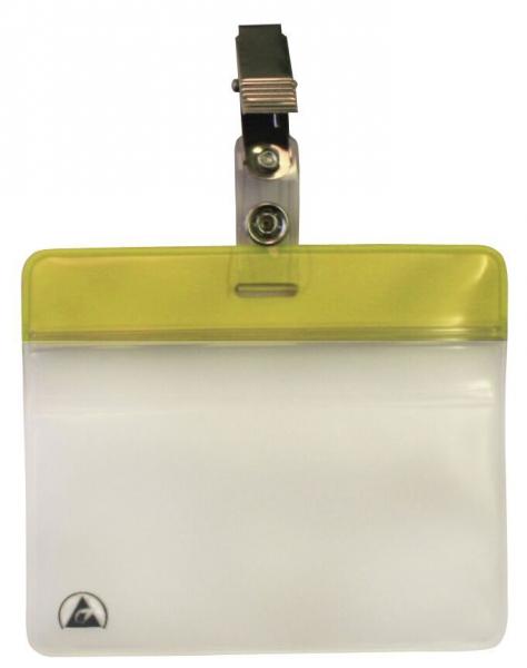 The image shows a transparent plastic cover for IDs. It has a yellow border at the top and a clip for attachment. The cover is designed to be simple and functional.