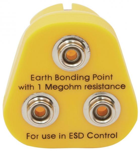 The image shows a yellow plug with a triangular shape. There are three connection sockets on the front. Below there is a note for use for ESD control.