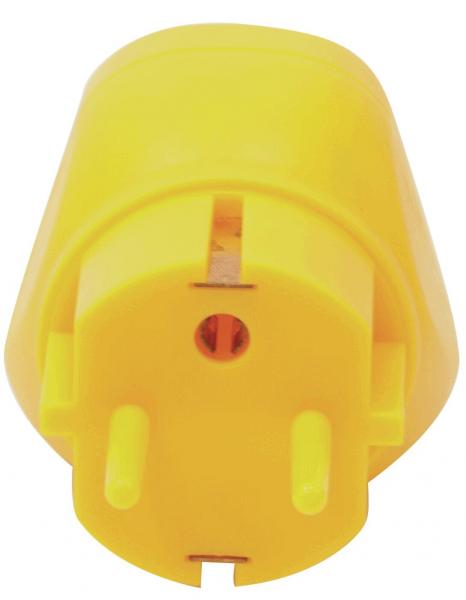 The image shows a yellow socket adapter. It has a round shape with two parallel pin openings and a round hole in the center. The surface is smooth and shiny.