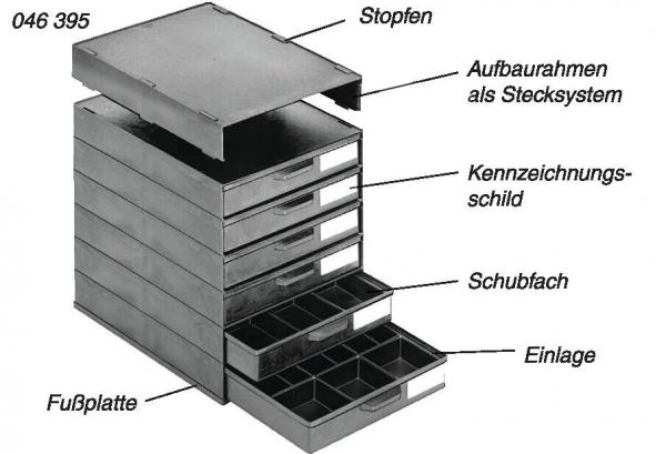 Das Bild zeigt einen stapelbaren Aufbewahrungssystem mit mehreren Schubladen. Jede Schublade hat kleine Fächer und ist mit einem Kennzeichnungsschild versehen. Oben ist eine Fußplatte.