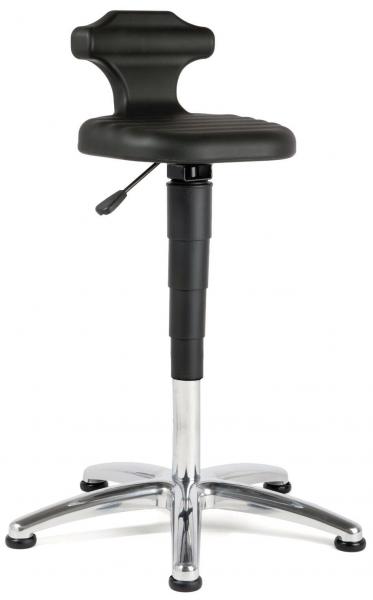 The stool has a round, black seat with a back support. The height is adjustable and the base is made of silver metal with five wheels.