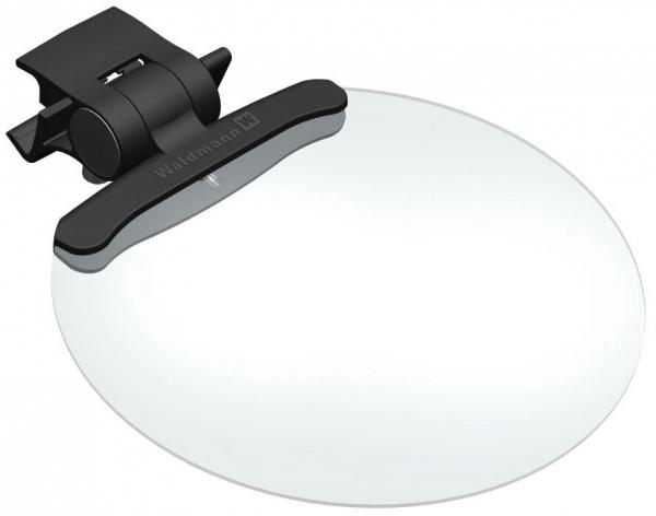 The image shows a round magnifying glass with a black plastic handle. The handle has a clip to attach the magnifying glass. The lens is transparent and magnifies objects.