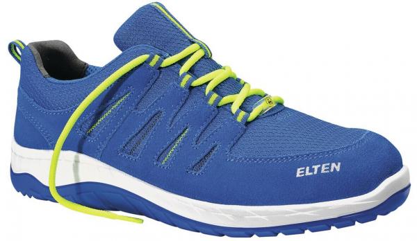 The shoe is sporty, predominantly blue with a mesh material. Yellow laces run through lateral openings. The sole is white with a blue lower edge.