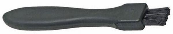 The image shows a brush with an ergonomic, black handle. The brush has a flat base and bristly bristles at the end, suitable for cleaning or grooming.