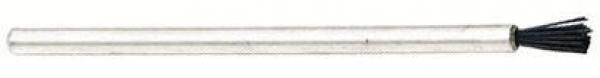 The image depicts a slender, metallic pen that has black, fringed fibers at one end. The pen is smooth and shiny, while the fibers are soft and uneven.