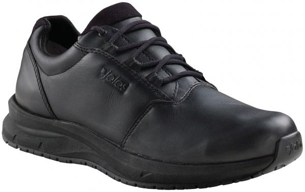 The image shows a black, comfortable leather shoe with a flat sole. It has a simple design with laces and is suitable for everyday wear.