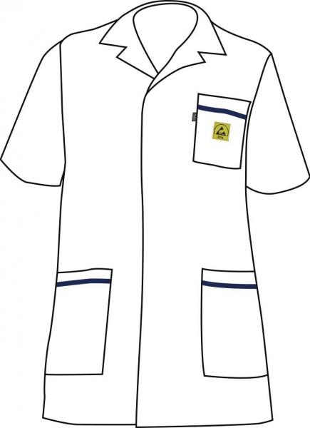 The image shows a white coat with short sleeves. It has a collar, a chest pocket, and two lower pockets, each decorated with blue lines. A yellow logo is sewn on.