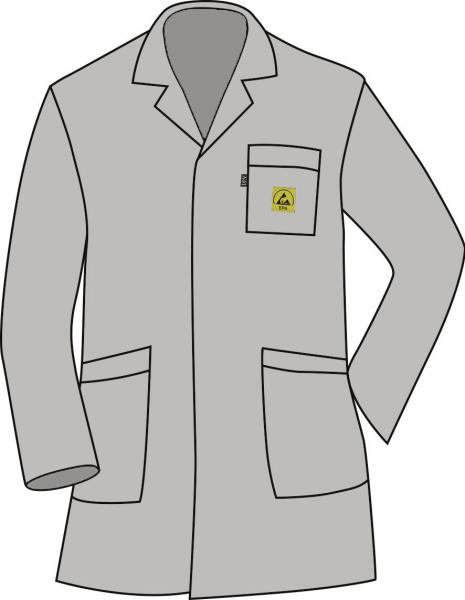 The image shows a gray lab coat. It has a collar, long sleeves, and two large patch pockets. There is a small pocket on the left breast with an emblem.
