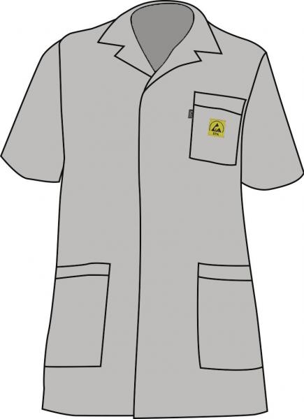 The image shows a gray coat with a short collar. It has a chest pocket and two large pockets on the front. The coat is plain and without any patterns.