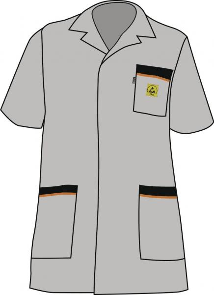 The image shows a light gray work coat with short sleeves. It has a collar, a chest pocket with a yellow logo, and two black pockets on the front.