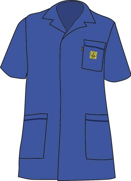 The image shows a blue coat or lab coat. It has short sleeves, a collar, and a chest pocket as well as two side pockets. The coat is designed to be simple and functional.