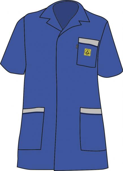 The image shows a short, blue work jacket with a collar. It has a chest pocket and two side pockets, which are adorned with reflective stripes.
