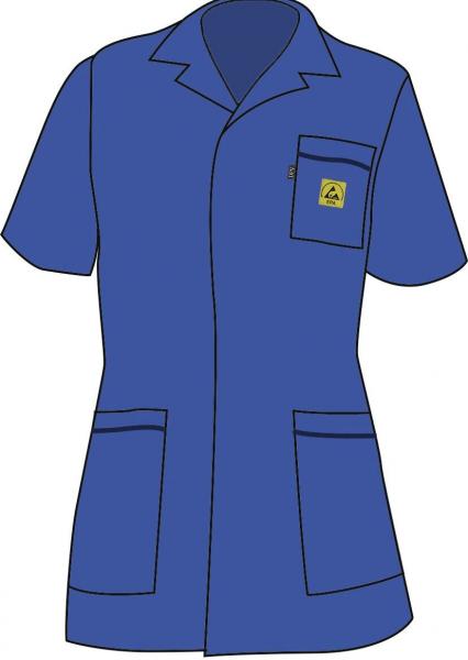 The image shows a short, blue blazer with a collar. It has a breast pocket and two large side pockets. The fabric appears light and casual.