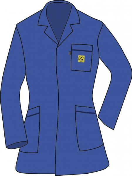 The image shows a blue lab coat with a notched collar. It features a breast pocket and two large front pockets, as well as a simple, casual cut.