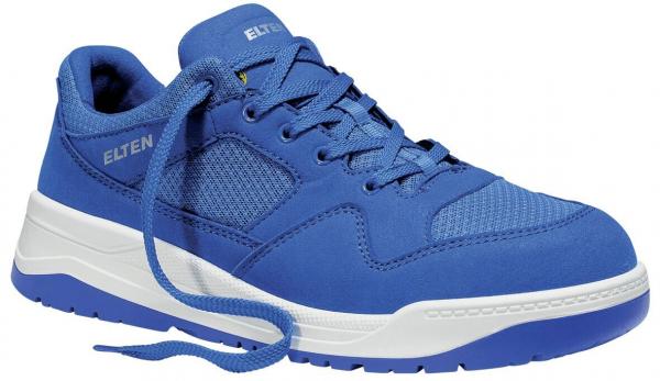 The image shows a blue sports shoe with a white sole edge. The shoe has lacing and is made from a breathable mix of materials. It has a low cut and a padded heel.