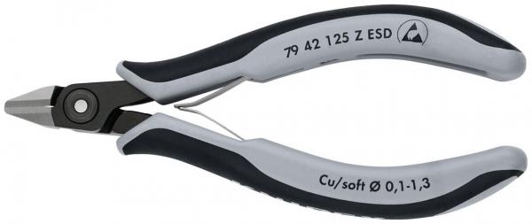 The image shows a small pair of pliers with gray handles and a metallic cutting surface. It is ergonomically designed and has an ESD marking. Ideal for precise cutting.