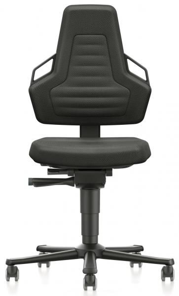 The office chair has a high backrest with a modern, triangular shape. It is black and has a padded seat. The armrests are attached to the sides. The chair has casters.