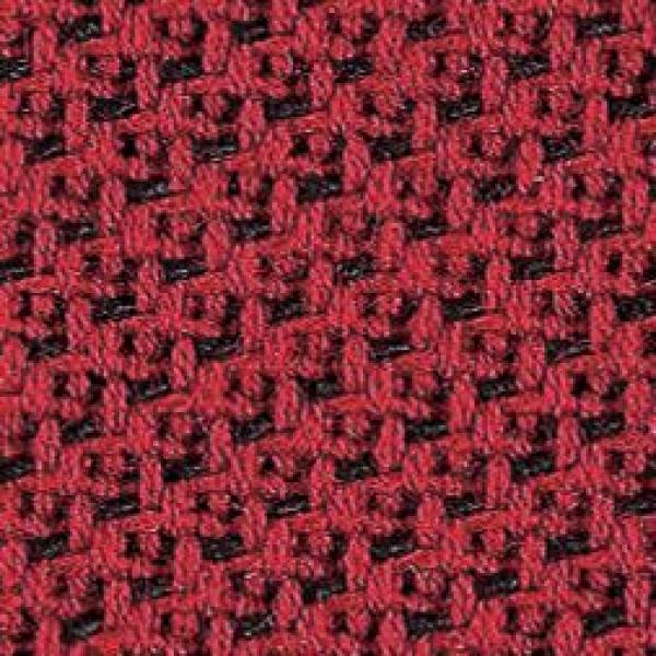 Das Bild zeigt eine strukturierte Stoffoberfläche in einem tiefen Rotton mit feinen schwarzen Fäden, die ein regelmäßiges Muster bilden. Die Textur wirkt dicht und stabil.