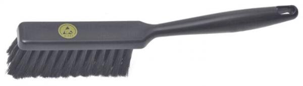 It is a black brush with a wide, flat head and long, stiff bristles. The handle is ergonomically shaped and has a hole at the top for hanging.
