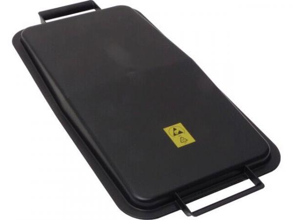 The image shows a rectangular, black plate with two handles on the sides. On the surface, there is a yellow warning symbol. The plate appears sturdy and flat.