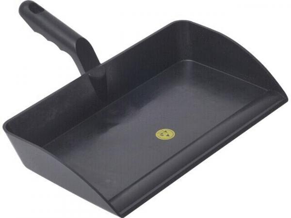 The image shows a black plastic shovel with a long handle. The shovel has a slanted edge and a flat, rectangular shape.