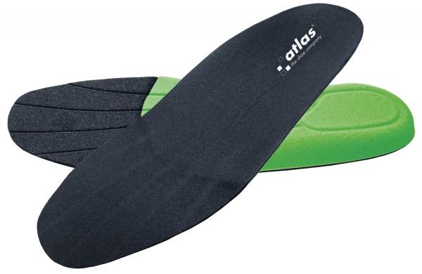 The image shows two black shoe soles with green accents. The sole has a smooth surface and is ergonomically shaped, suitable for additional comfort in shoes.