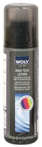 The image shows a black spray bottle with a round, transparent lid. The label on the bottle reads "WOLY HIGH TECH LOTION" in white and blue lettering.