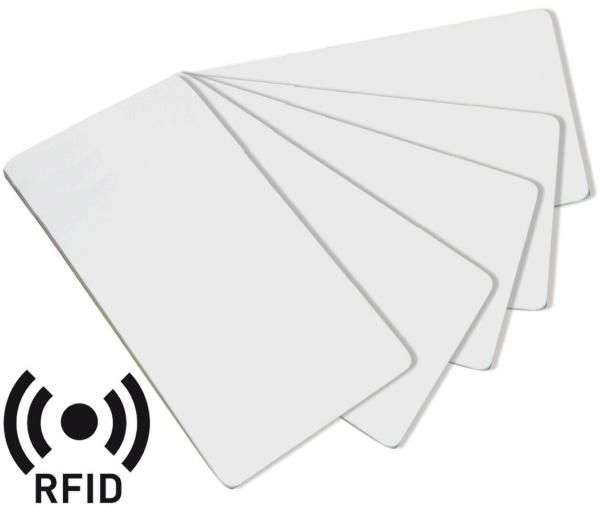 The image shows five thin, rectangular cards lying next to each other. In the bottom left, there is an RFID (radio waves) symbol depicted, showing wavy lines.